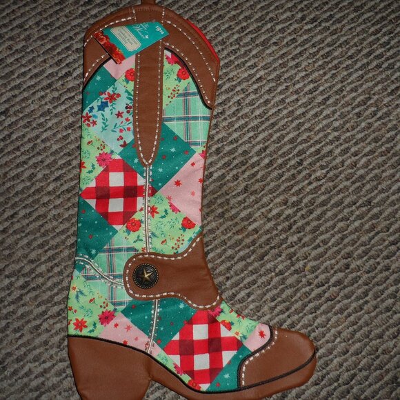 Pioneer Woman Retro Holiday Floral Patchwork Cowboy Boot Stocking- New with Tags - Picture 1 of 4